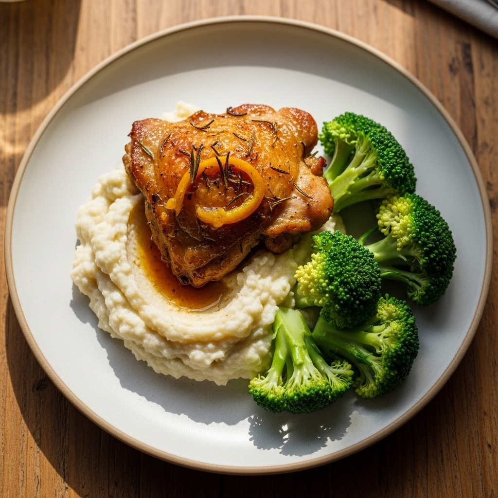 Appelsin-rosmarin ovnbagt kyllingelår med blomkålsmos og dampet broccoli
