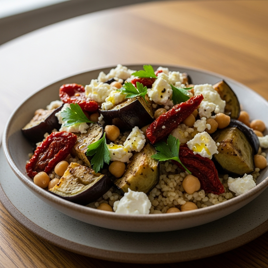 Bowl med bagt aubergine, bulgur, kikærter og soltørrede tomater, toppet med smuldret feta og citron.