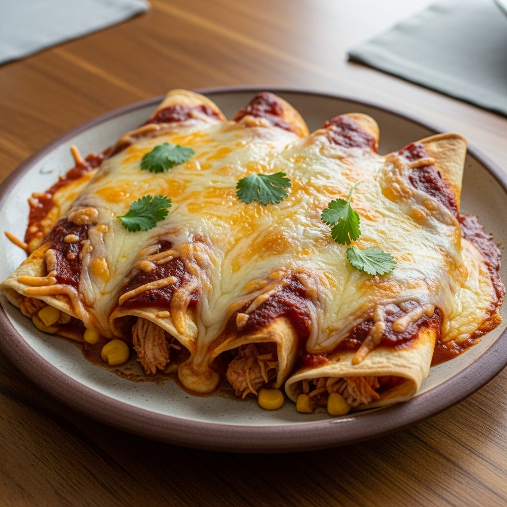 Bagt enchilada med kylling, majs og ost