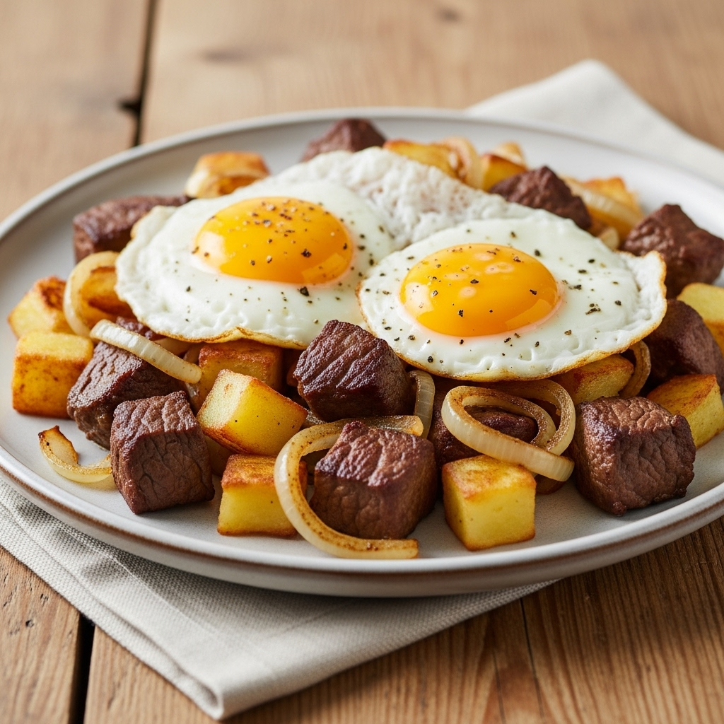 { "alt_text": "Biksemad med oksekød, løg og sprøde kartofler toppet med spejlæg på tallerken", "file_name": "biksemad-med-oksekoed-loeg-sproede-kartofler-og-spejlaeg-3842" }