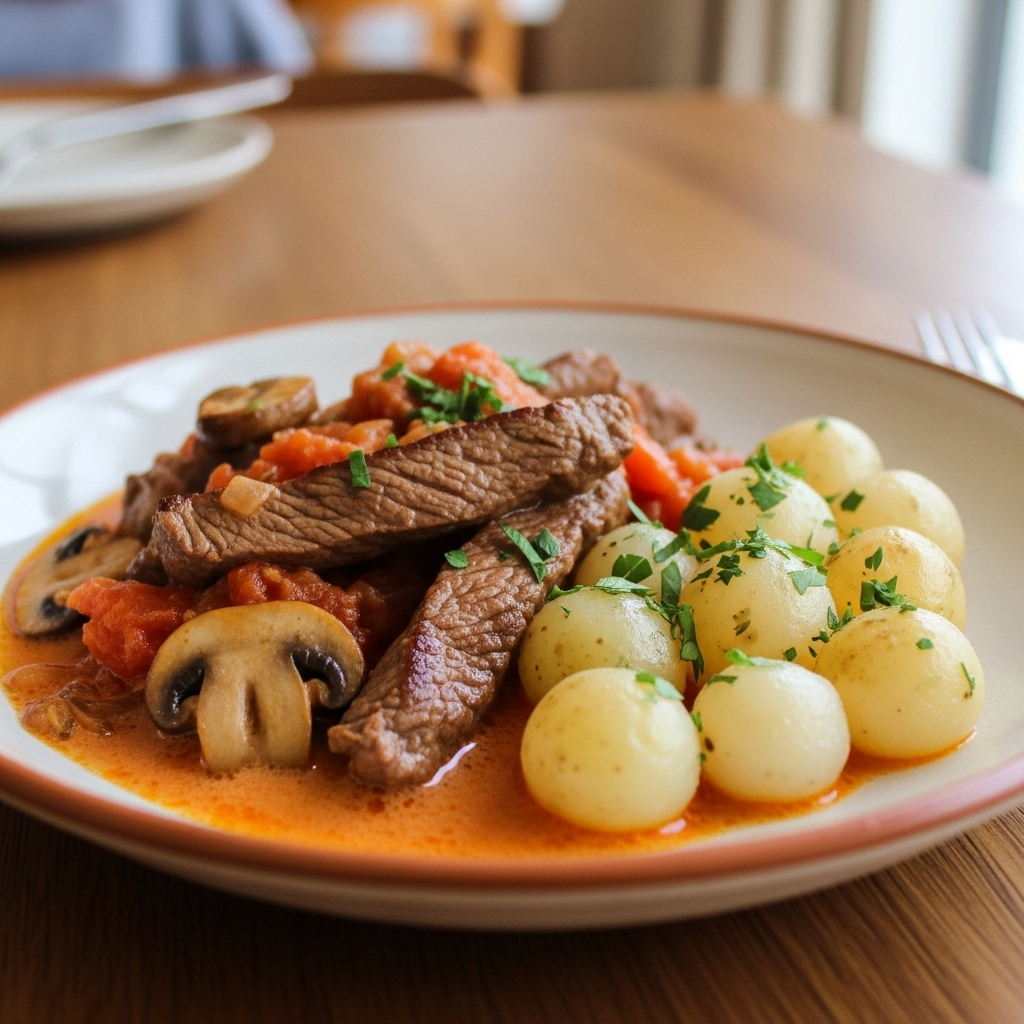 Bøf Stroganoff i tomat- og champignonsauce med perlekartofler