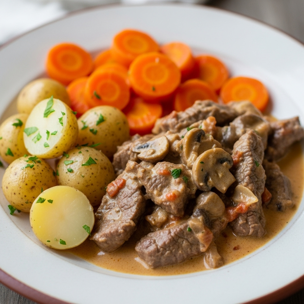 Bøf Stroganoff med perlekartofler og dampede gulerødder