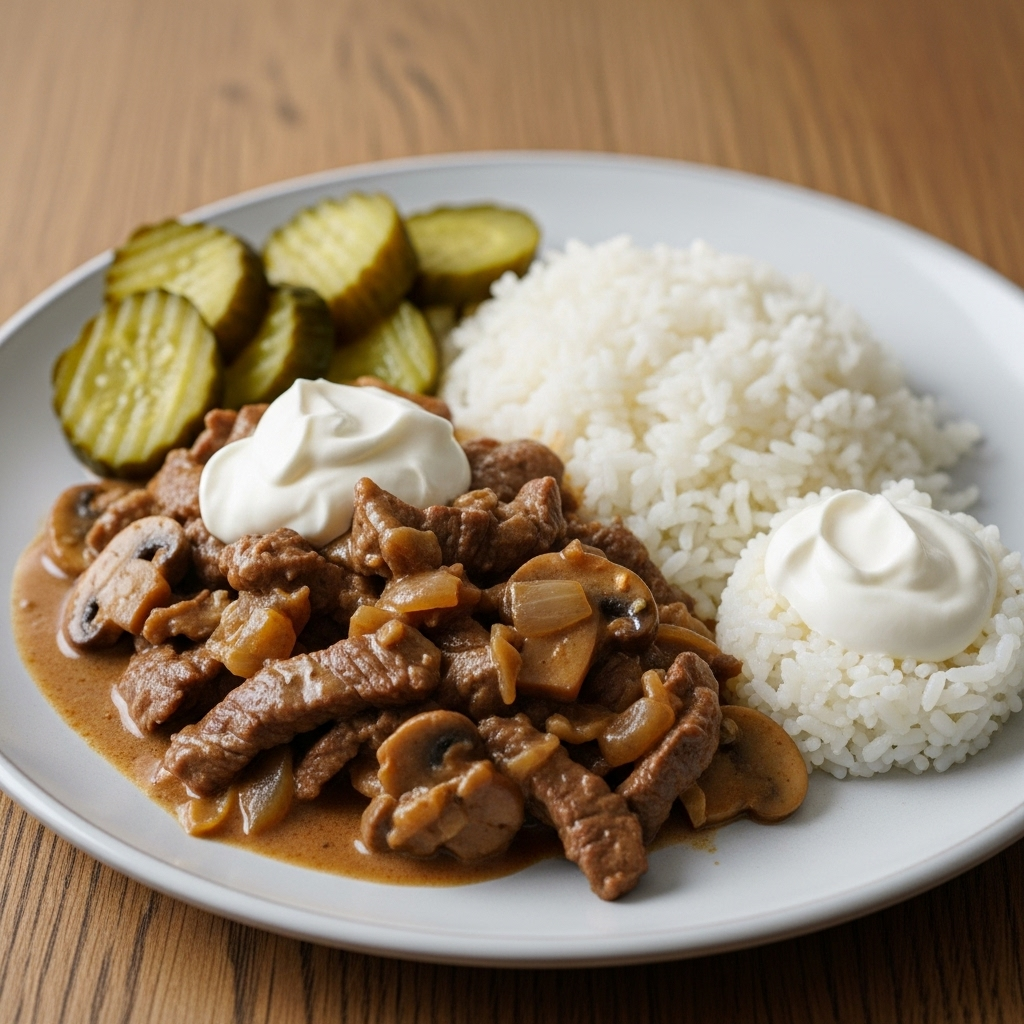 { "alt_text": "Bøf Stroganoff serveret med ris, syltede agurker og en skefuld sour cream", "file_name": "bof-stroganoff-med-ris-syltede-agurker-og-sour-cream-5387" }