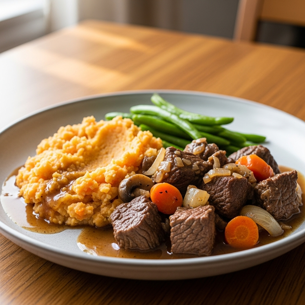 Brunet oksegryde i fyldig sauce med cremet rodfrugtmos og dampede haricots verts.