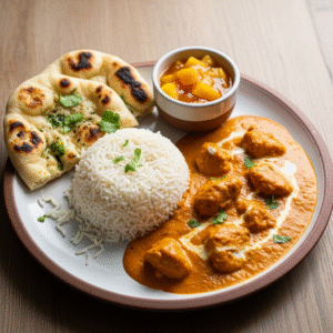Butter chicken med basmatiris, naanbru00f8d og mango chutney