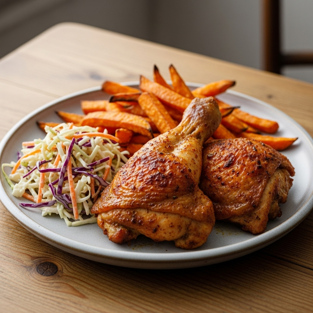 Cajun-bagt kylling med sprødt skind, søde kartoffelfritter og cremet coleslaw – mild, familievenlig ret.
