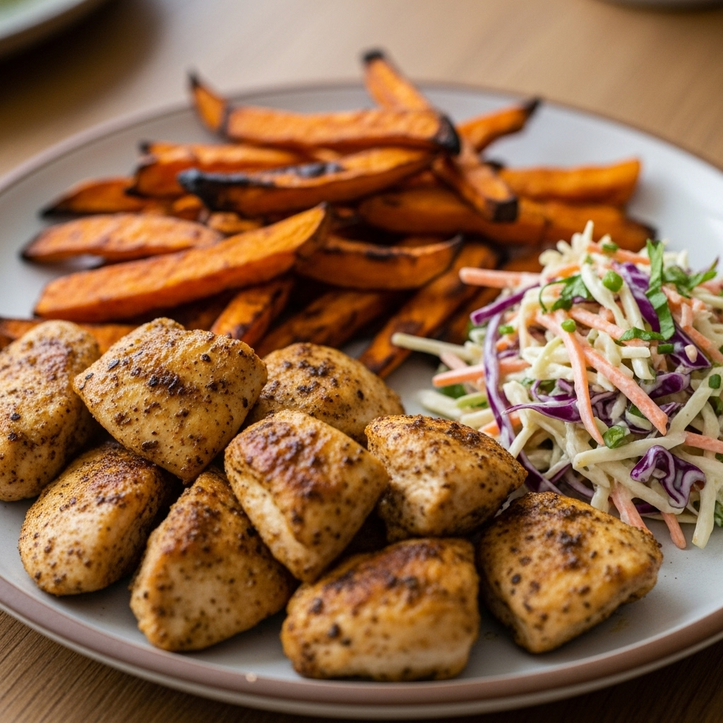 Cajun-bagt kylling med søde kartoffelfritter og cremet coleslaw