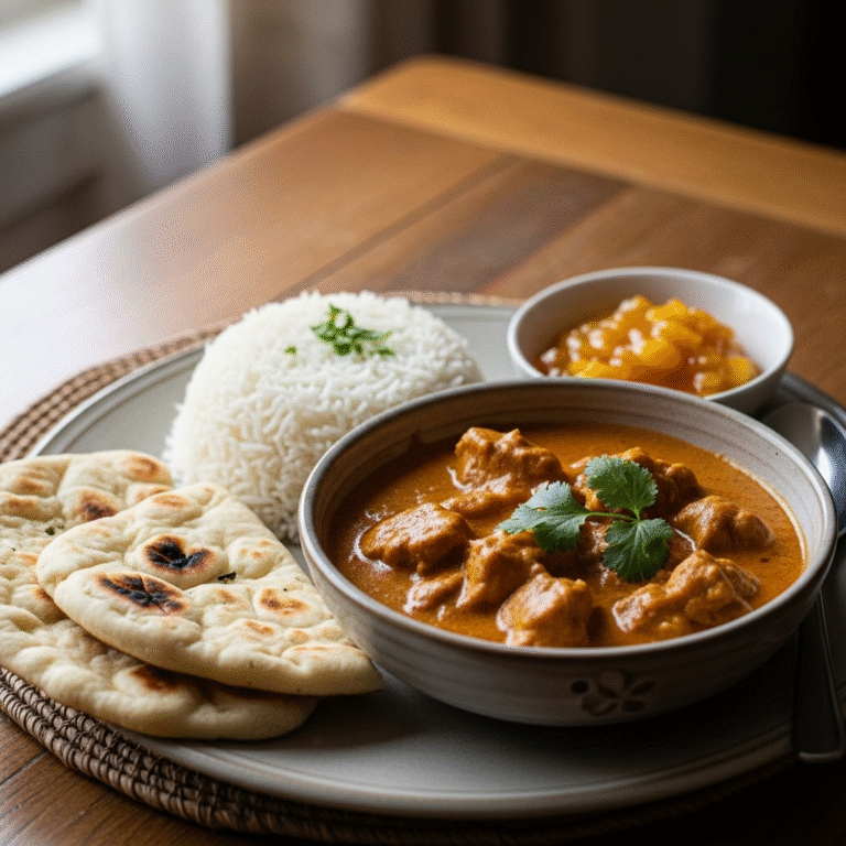 Chicken Tikka Masala med basmatiris, naanbrød og mango chutney