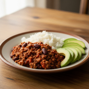 Chili con carne med ris, avocado