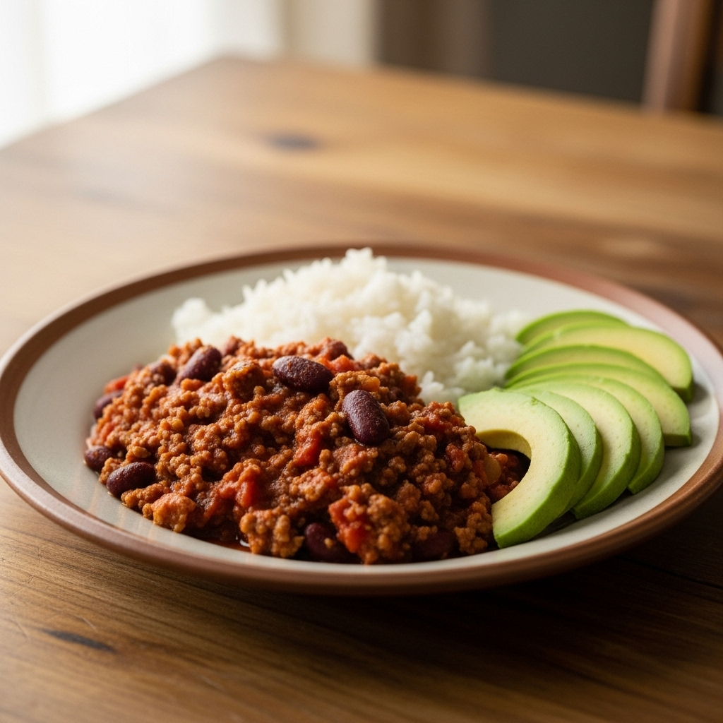 { "alt_text": "Billede af chili con carne serveret med ris og frisk avocado", "file_name": "chili-con-carne-med-ris-avocado-4821" }