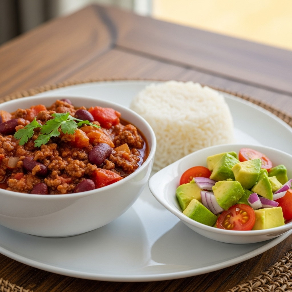 Chili con carne med ris og avocadosalat