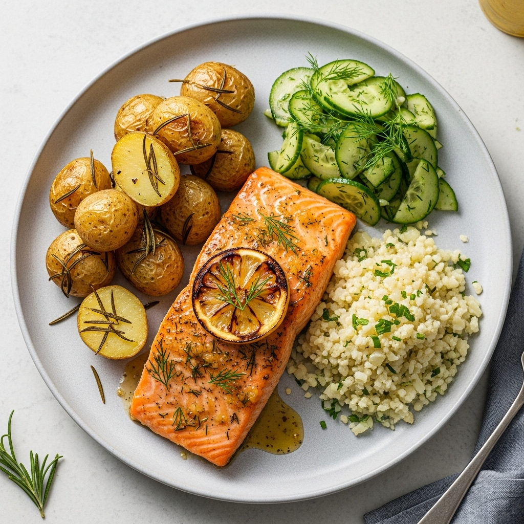 Citrus-glaseret laks med rosmarinbagte kartofler, blomkålsris og agurke-dildsalat, serveret med citronbåde og friske urter.
