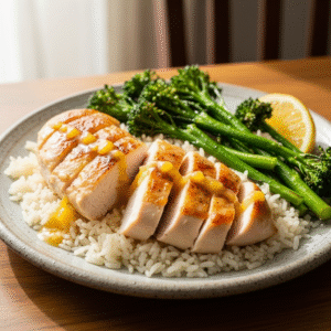 Citrus-honning kyllingebryst med jasminris og dampet broccoli