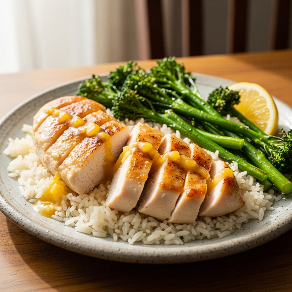 Citrus-honning kyllingebryst med jasminris og dampet broccoli