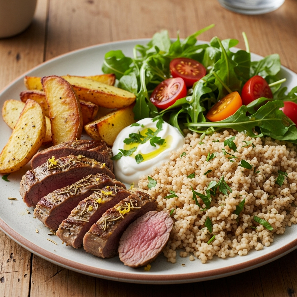 Citron- og rosmarinstegt lammeculotte med sprøde ovnkartofler, fuldkorns-couscous, rucolasalat med tomat og yoghurtdip.
