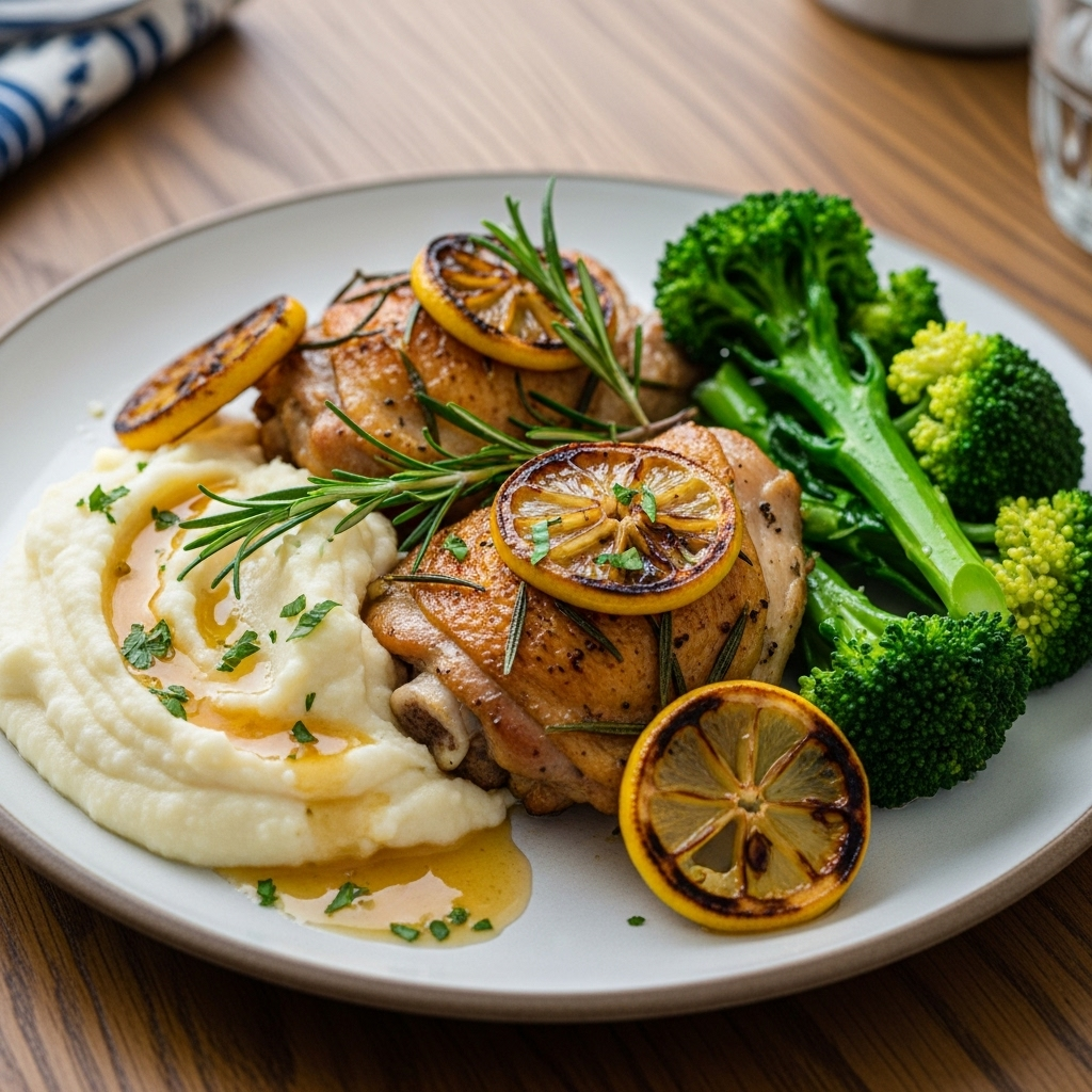 Citrus-rosmarinbagte kyllingeoverlår med kødsaft over cremet blomkålsmos og dampet broccoli, toppet med citronzest og frisk persille.
