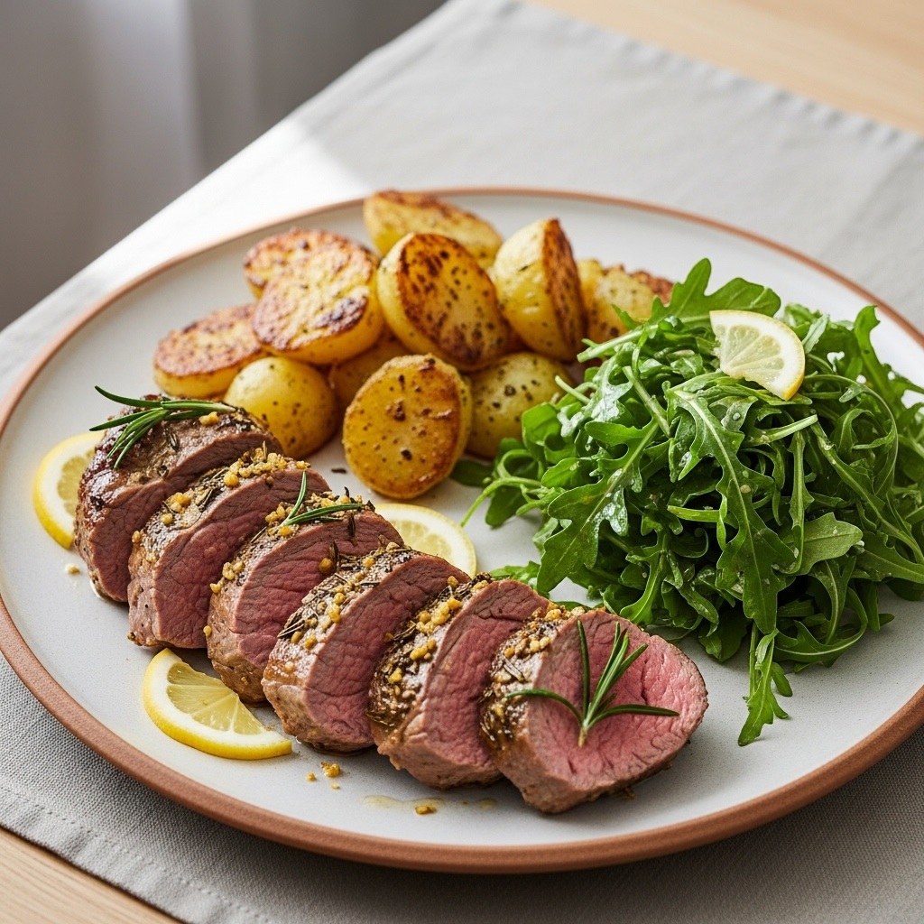 Citrus-rosmarin lammeculotte i tynde skiver med sprøde ovnkartofler og rucolasalat; pyntet med citron og rosmarin, klar til servering.