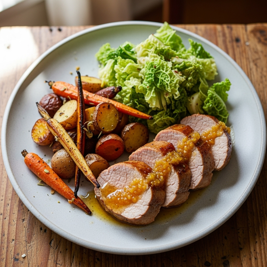 Citrusglaseret svinemørbrad med ovnbagte rodfrugter og sprød spidskålsvinaigrette