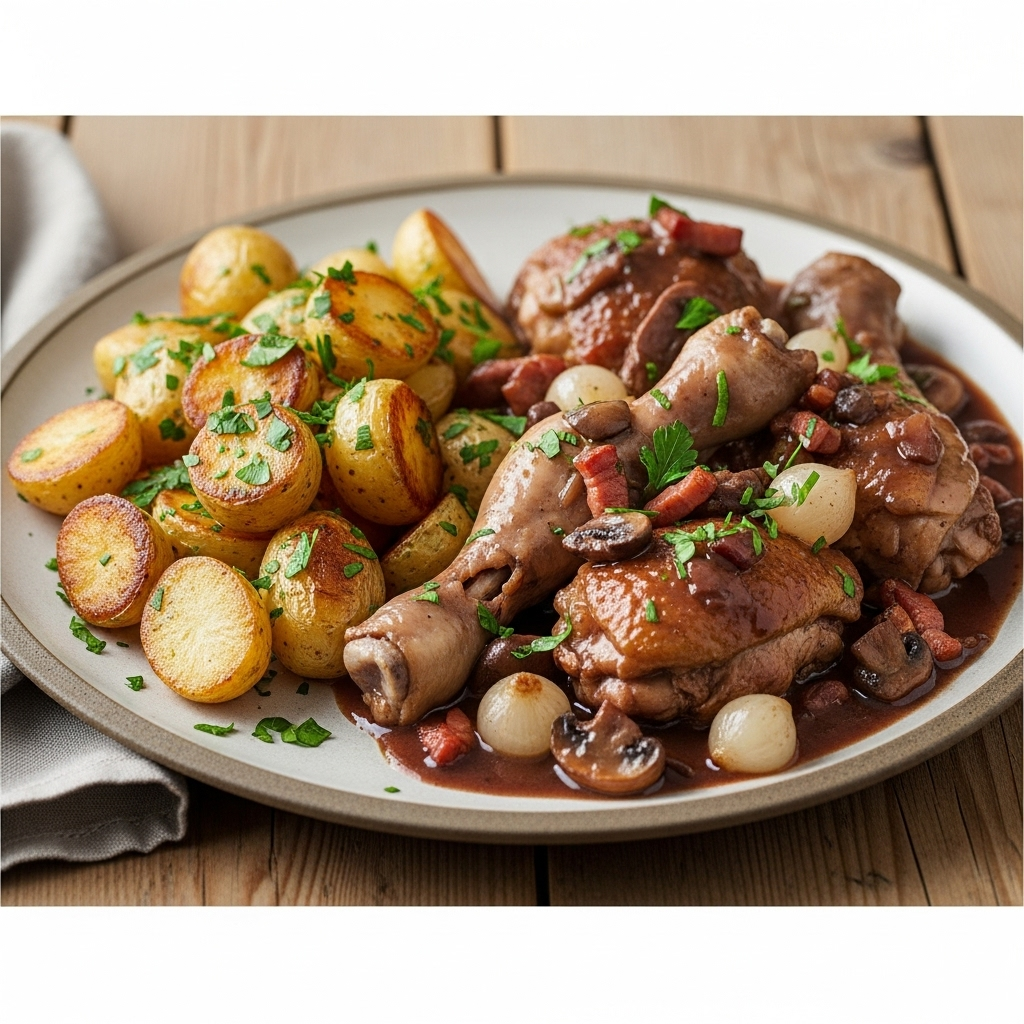 Coq au Vin med smørstegte små kartofler og sprød persille
