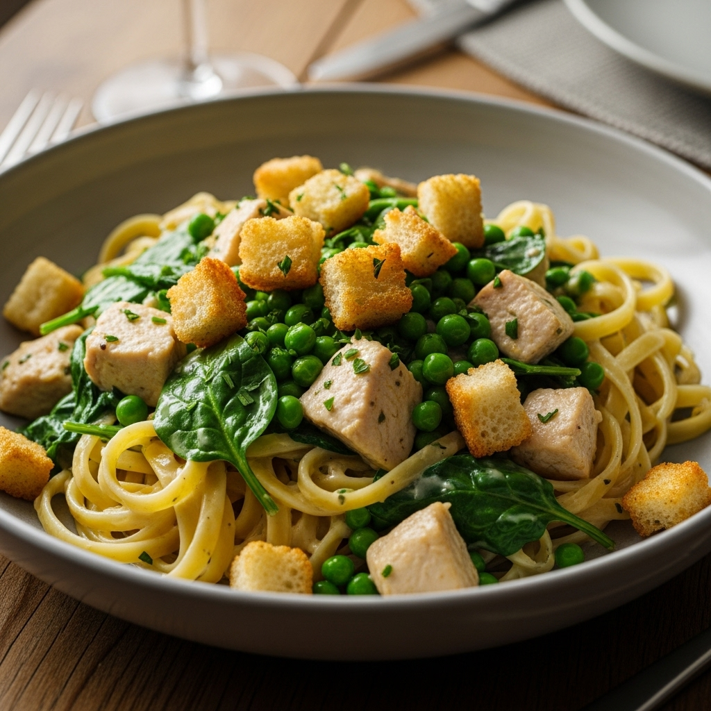 Tallerken med cremet kyllingefettuccine, ærter og spinat, toppet med sprøde brødcroutoner.