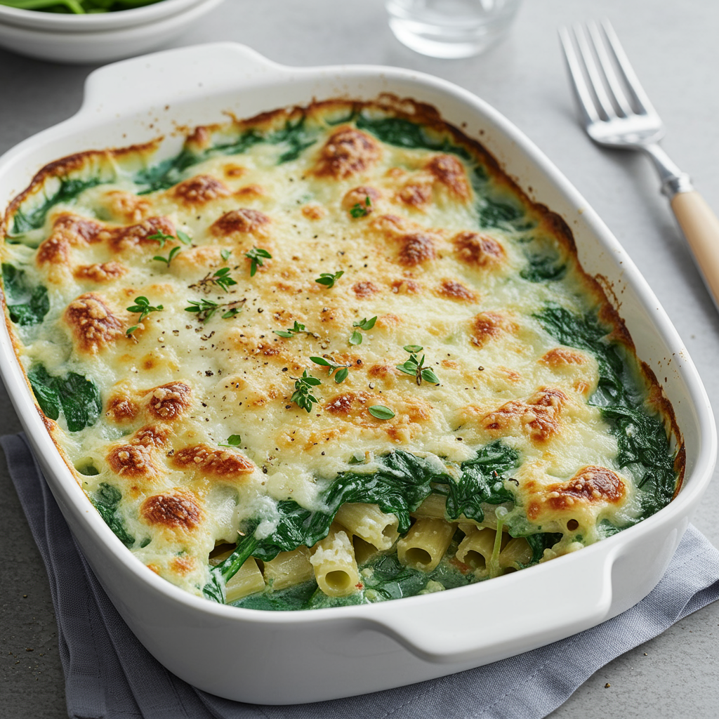 Cremet kyllingegratineret pasta med spinat og tomatsalat