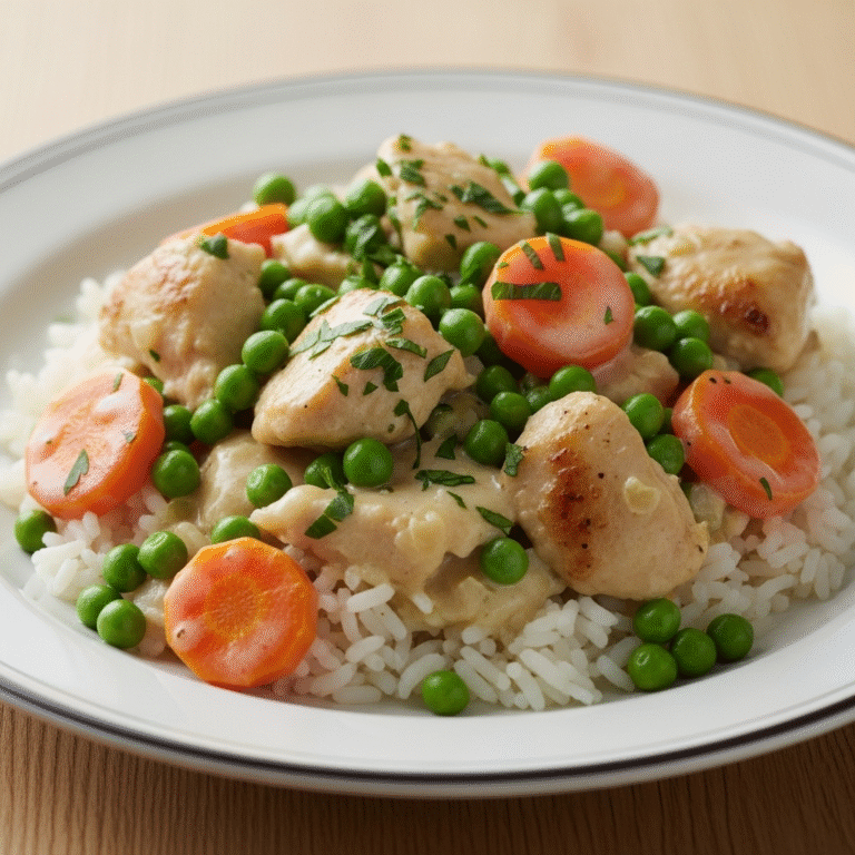 Cremet kyllingepande med ærter, gulerødder og flødegrønt ris