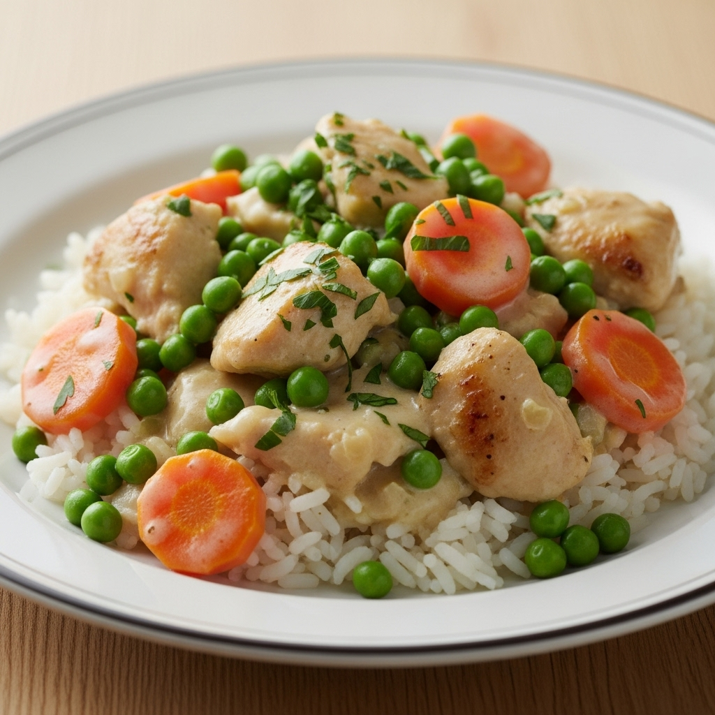 Cremet kyllingepande med ærter, gulerødder og flødegrønt ris