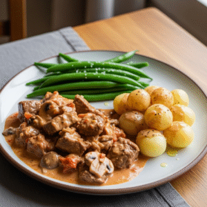 Cremet okse Stroganoff med perlekartofler og dampede haricots verts