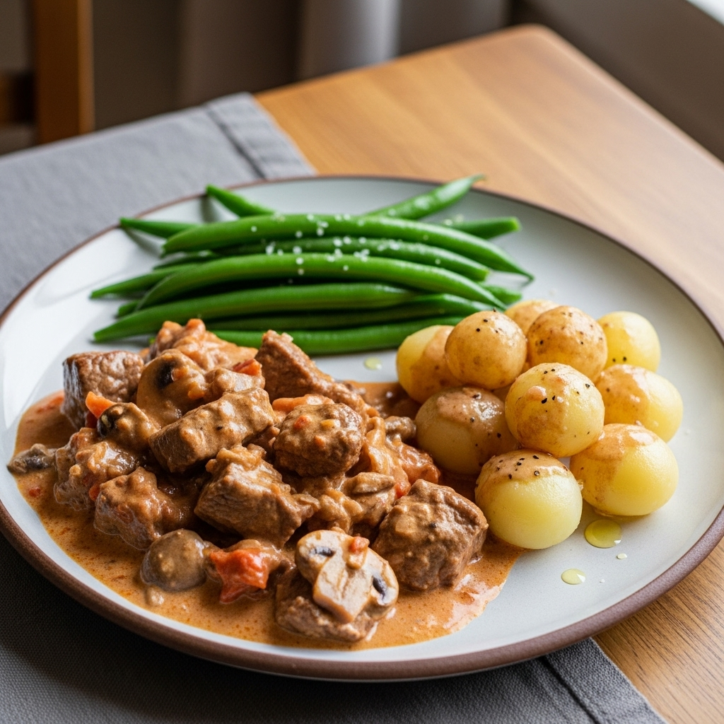 Cremet okse Stroganoff i mild svampe- og tomatsauce, med perlekartofler og sprøde, dampede haricots verts.