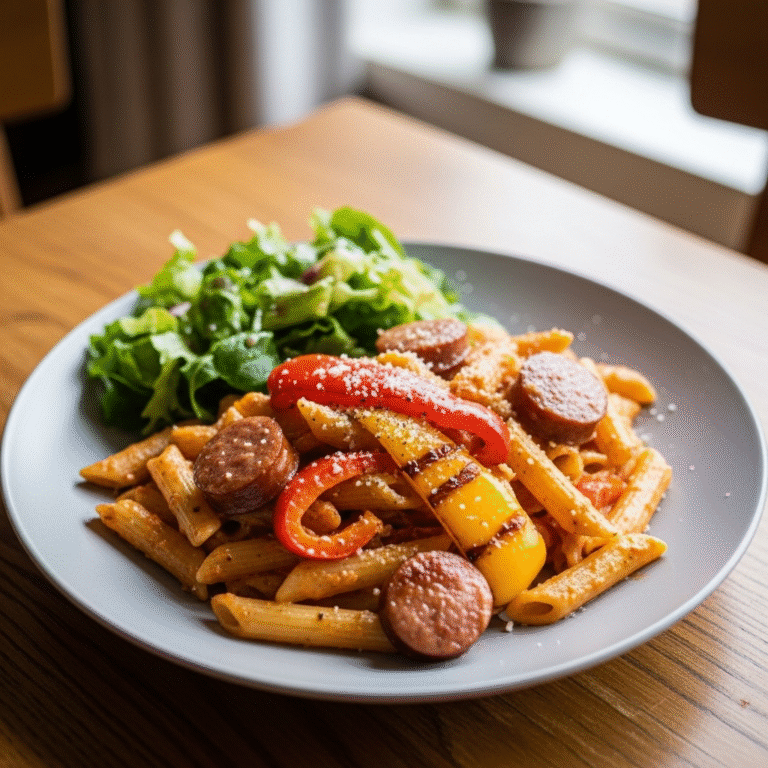 Cremet salsiccia‑pasta med grillede peberfrugter og grøn salat