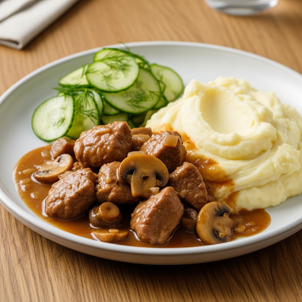 Dansk mørbradgryde med kartoffelmos og sprød agurkesalat