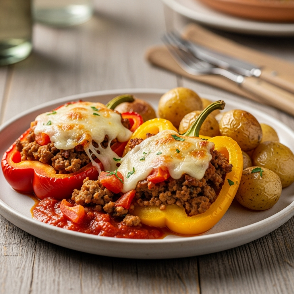 Farserede peberfrugter med svinekød i tomatsauce, smeltet mozzarella og sprøde ovnbagte perlekartofler i fad.