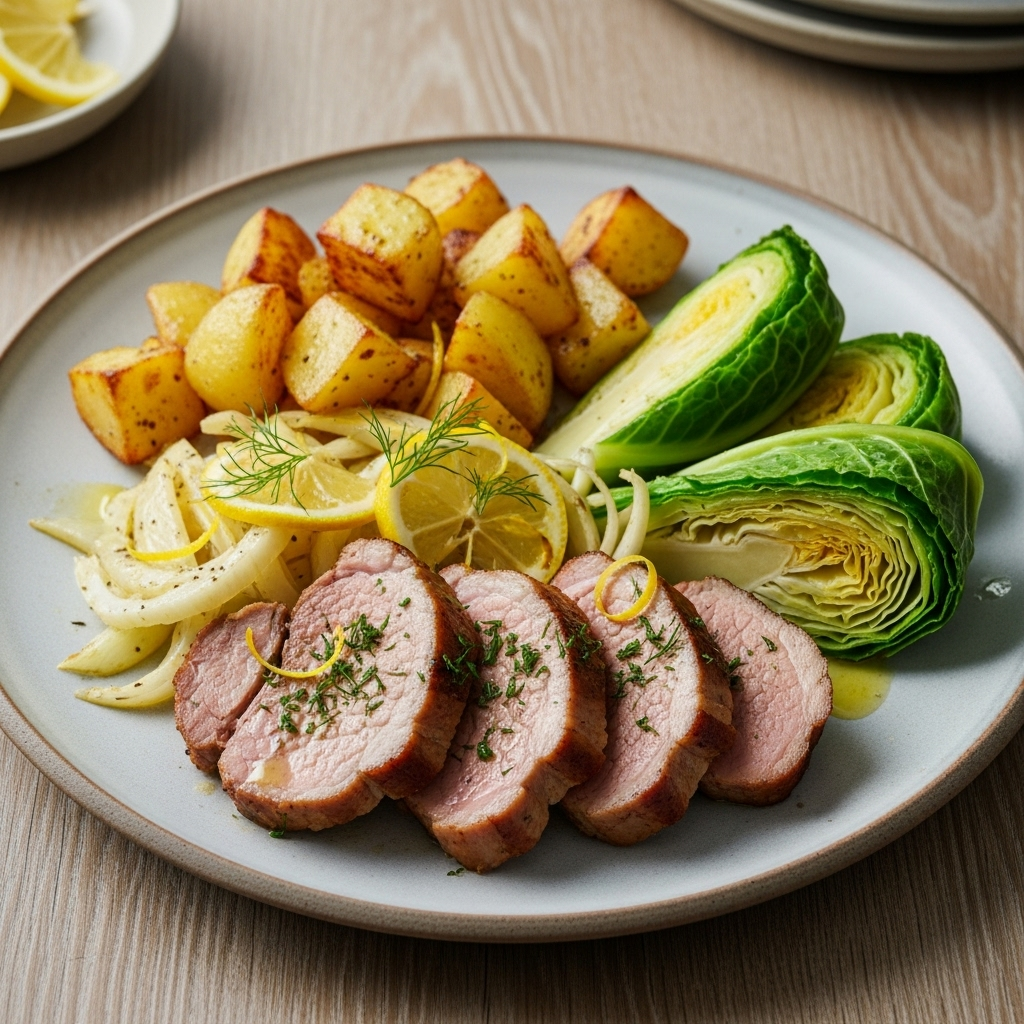 Fennikel‑citron stegt nakkefilet med smørstegte kartofler og dampet spidskål