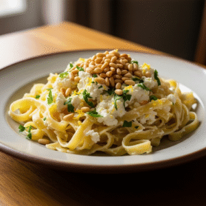 Fettuccine med citron, ricotta og ristede pinjekerner
