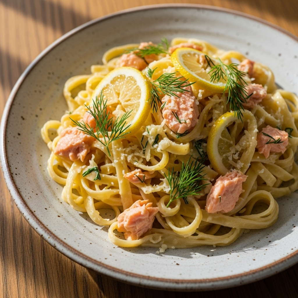 Fettuccine i cremet citronsauce med flager af laks, toppet med dild og citronskal på en tallerken.