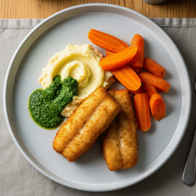 Fiskefileter med kartoffelmos, persillesovs og kogte gulerødder