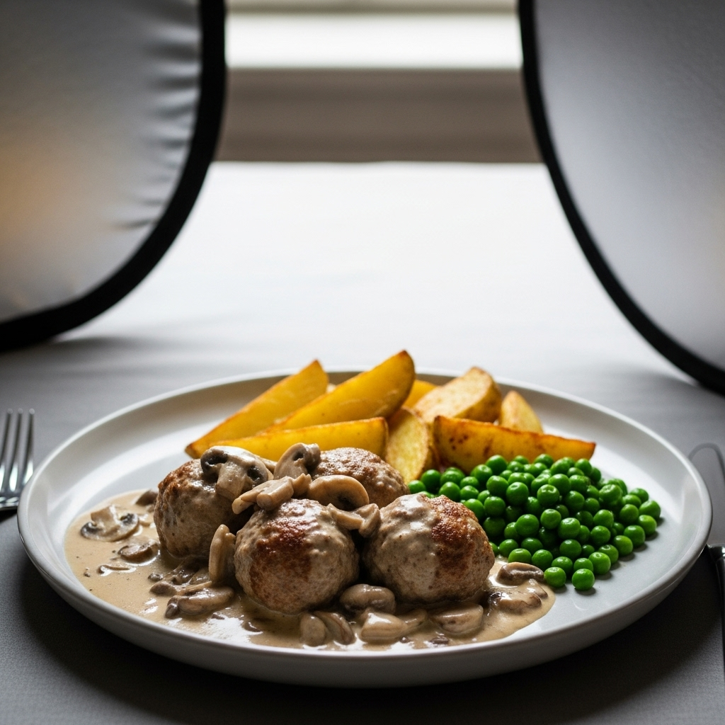 Frikadeller i cremet champignonsauce med gyldne ovnbagte kartoffelbåde og grønne ærter på en tallerken.