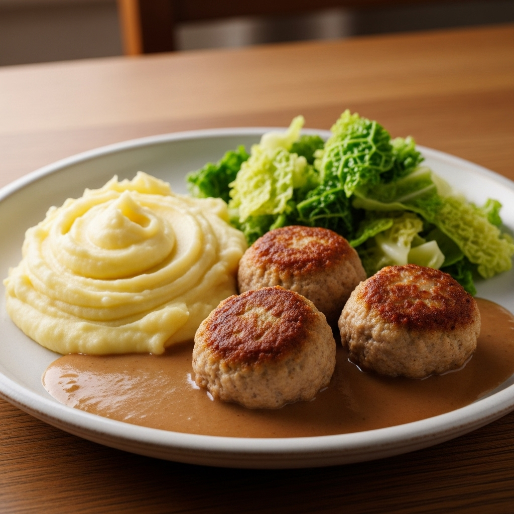 Frikadeller i mild brun sovs med kartoffelmos og sprød kål