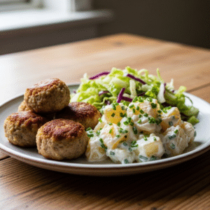 Frikadeller med cremet kartoffelsalat og spru00f8d ku00e5lsalat