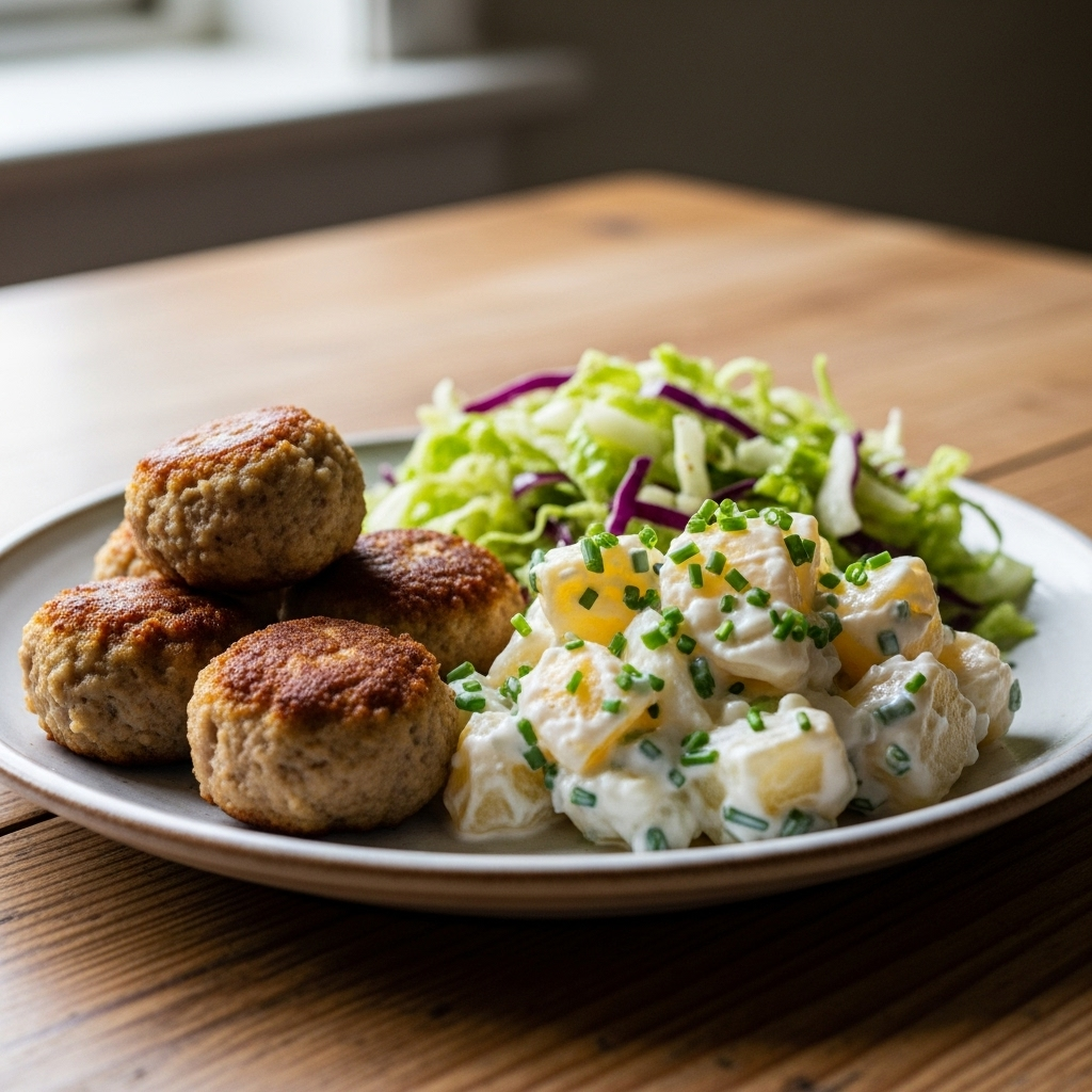 Frikadeller med cremet kartoffelsalat og sprød kålsalat