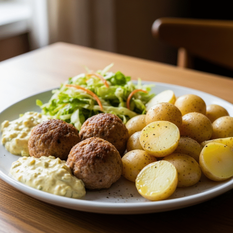 Frikadeller med nye kartofler, sprød kålsalat og remoulade