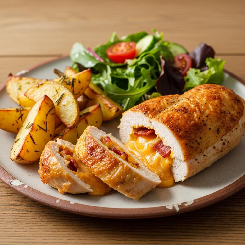 Fyldt kylling med pikant ost og bacon, ovnkartofler og grøn salat
