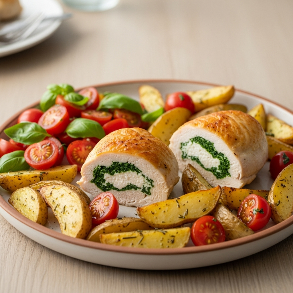 Fyldt kyllingebryst med spinat og ricotta, serveret med ovnristede kartofler og cherrytomatsalat.