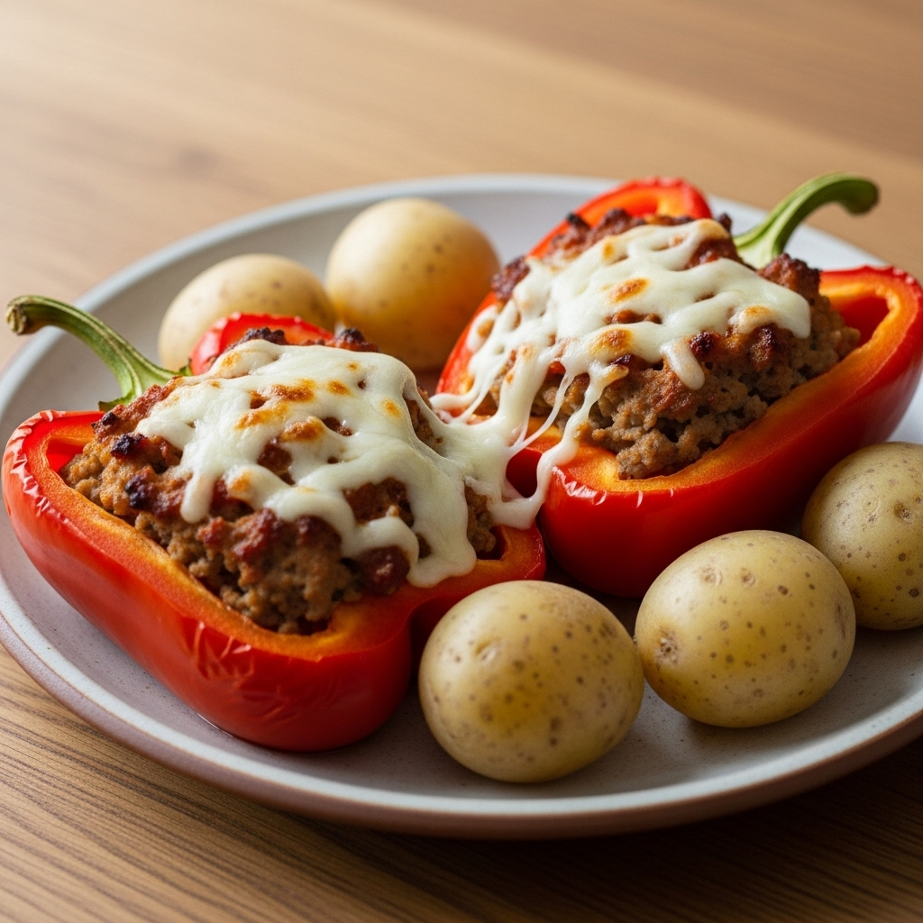 Fyldte røde peberfrugter med hakket gris og smeltet mozzarella, serveret med gyldne perlekartofler og frisk basilikum.