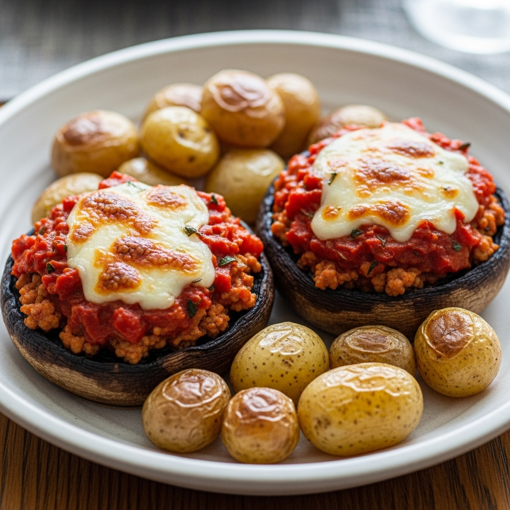 Fyldte portobello med hakket gris i tomatsauce, mozzarella og perlekartofler