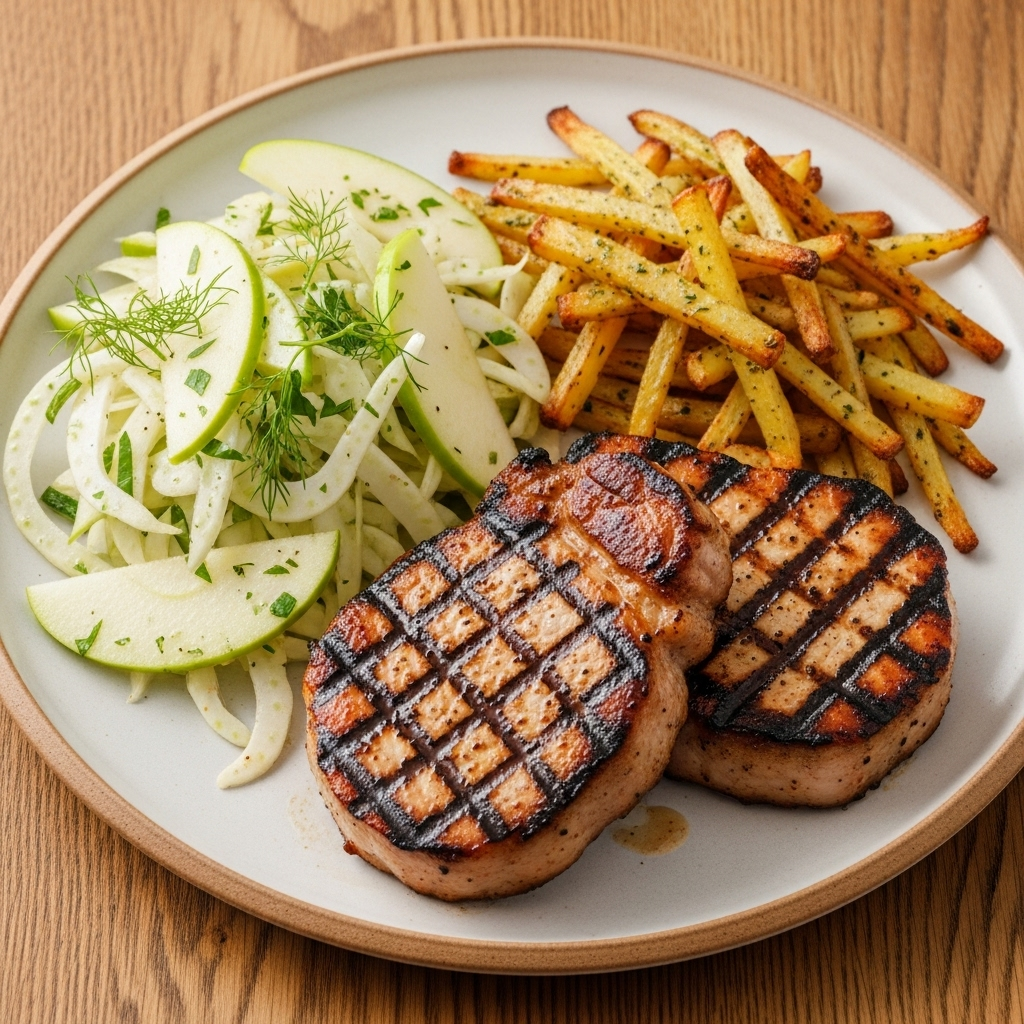 Grillede nakkekoteletter med fennikel-æblesalat og smalle ovnkartofler