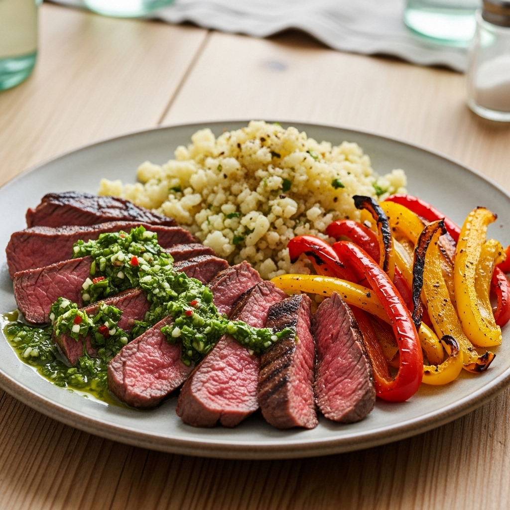 Grillet flanksteak med chimichurri, grillede peberfrugter og blomkålsris