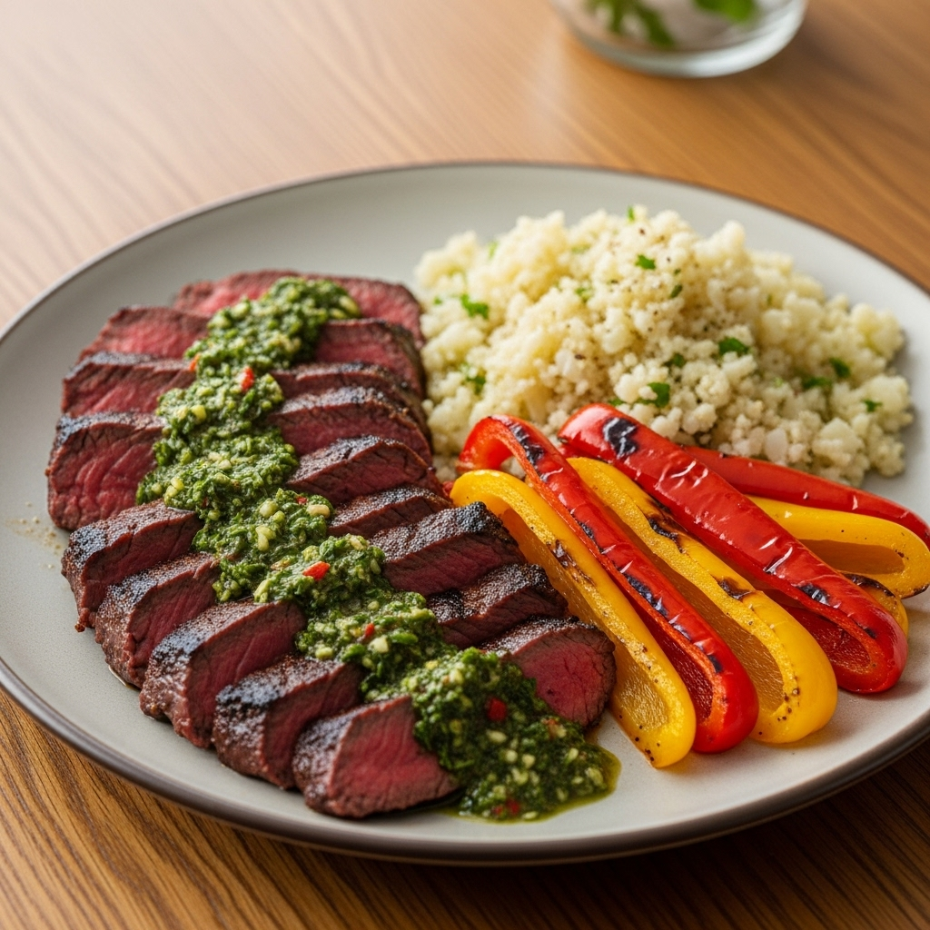 Skåret grillet flanksteak med grøn chimichurri, grillede røde peberfrugter og blomkålsris på tallerken.