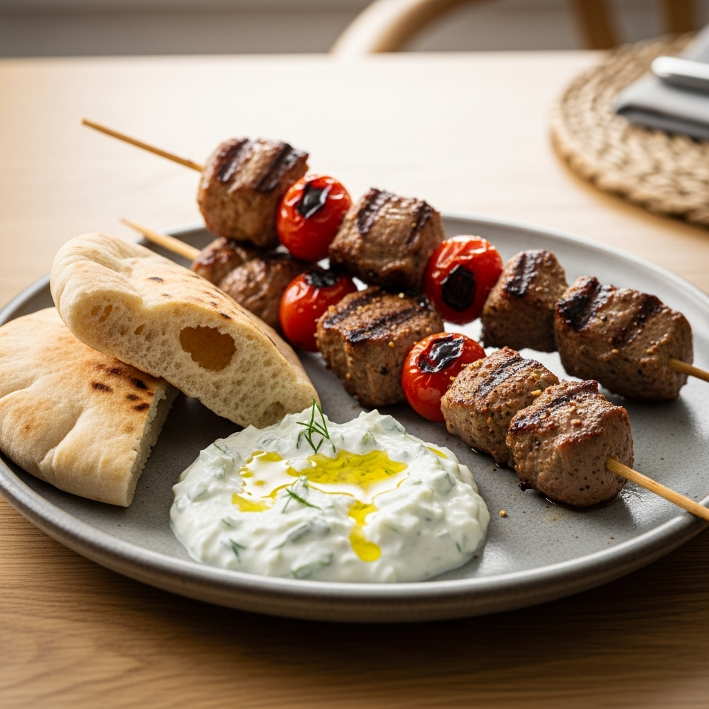 Grillede lammekebab på spyd med tzatziki, lune pitabrød og grillede cherrytomater.