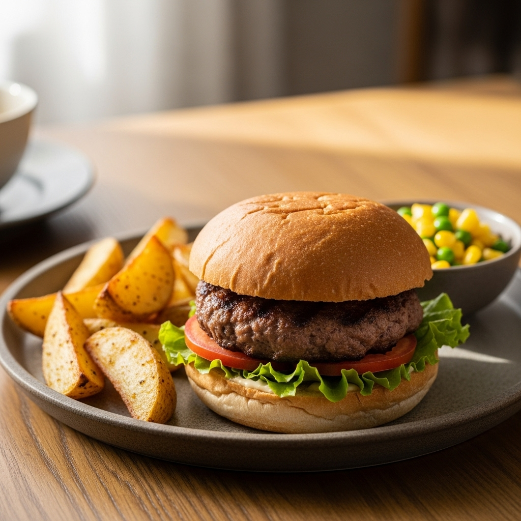 Grillet okseburger i grov bolle med salat, serveret med ovnbagte kartoffelskiver og majs-ærtesalat ved siden af.